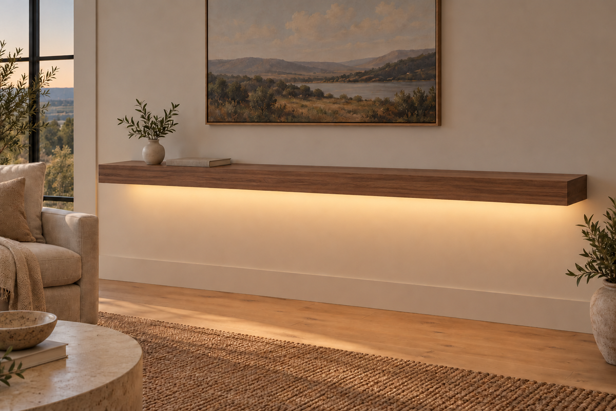 78 × 10 × 3 inch natural walnut floating shelf, standard mount, LED-ready Bottom Rear location shown with separately supplied lighting, living-room rendering