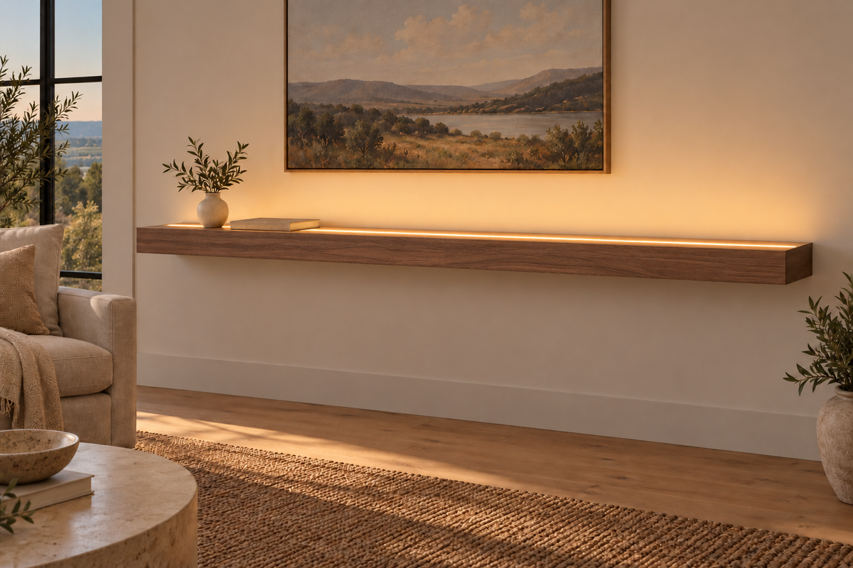 78 × 10 × 3 inch natural walnut floating shelf, standard mount, LED-ready Top Front location shown with separately supplied lighting, living-room rendering