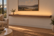 78 × 10 × 3 inch natural walnut floating shelf, standard mount, LED-ready Top Front location shown with separately supplied lighting, living-room rendering