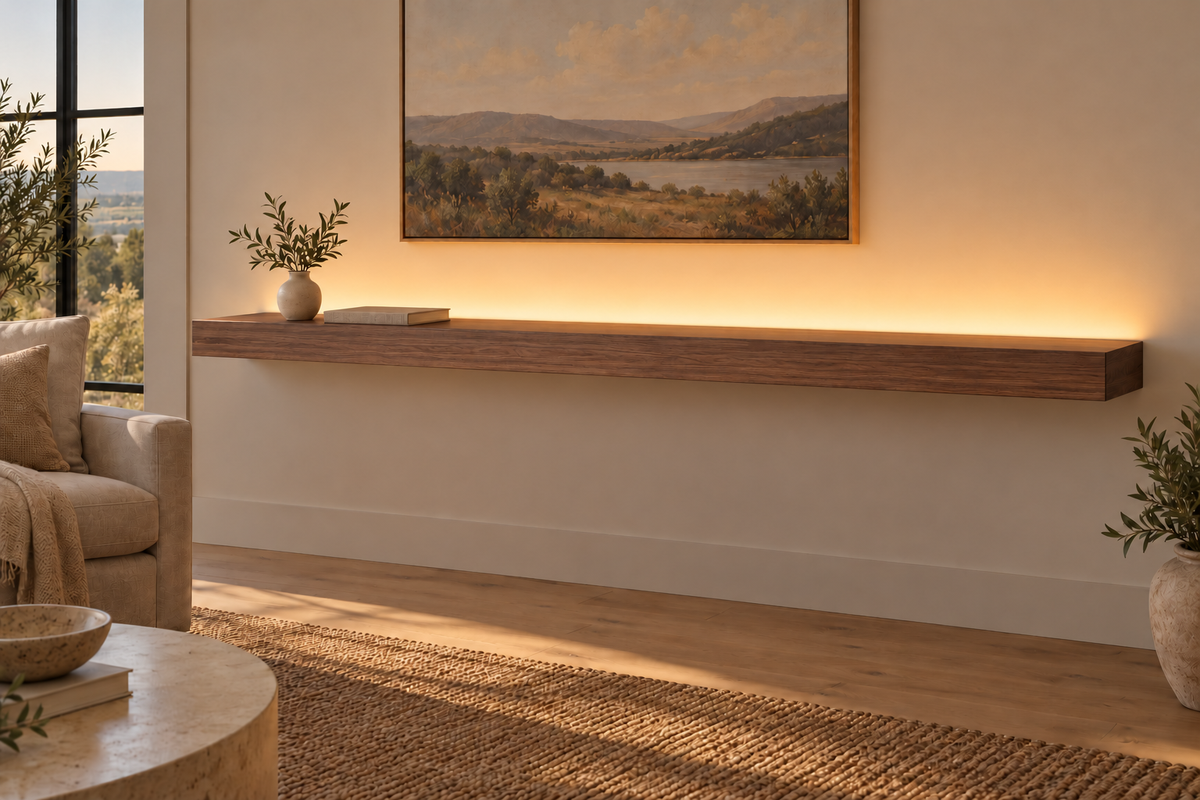 78 × 10 × 3 inch natural walnut floating shelf, standard mount, LED-ready Top Rear location shown with separately supplied lighting, living-room rendering