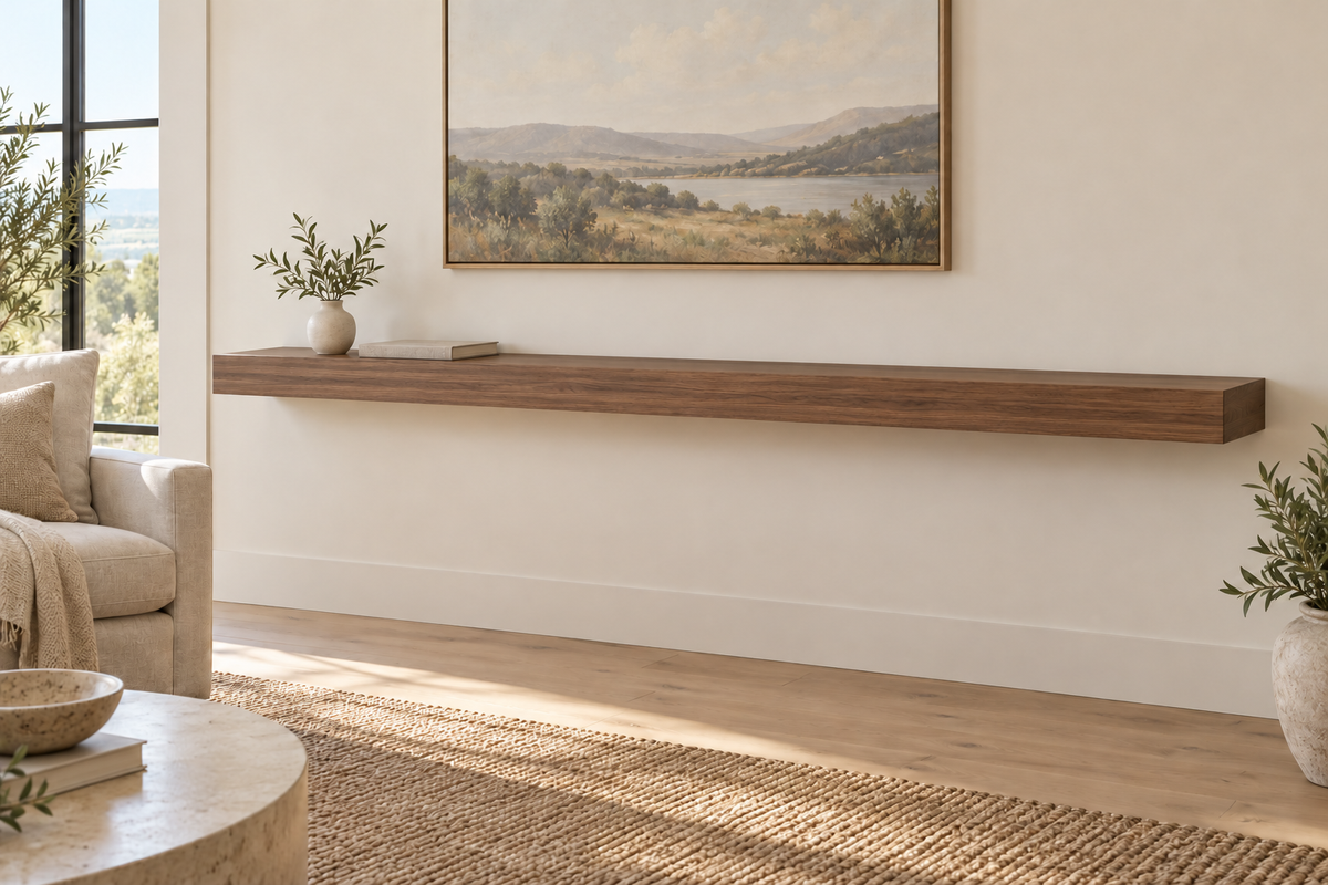 78 × 10 × 3 inch natural walnut floating shelf, standard mount, unlit, living-room rendering