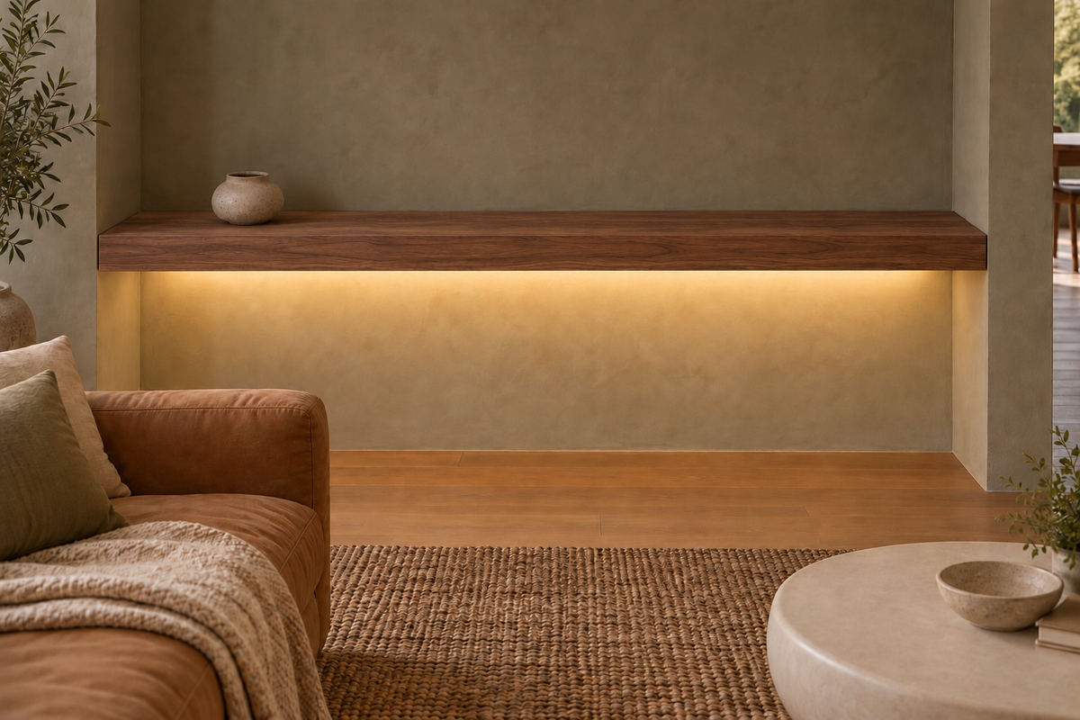 Gentry Stinson Walnut Floating Shelf | 78″ × 10″ × 3″ | Wall to Wall | Natural | LED Light Ready — Bottom Rear location; rendering with separately supplied LED tape