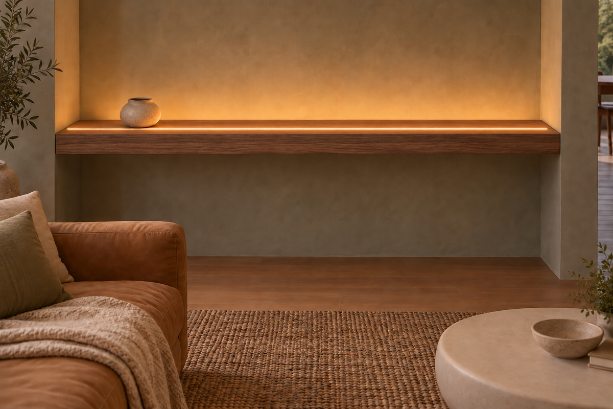 Gentry Stinson Walnut Floating Shelf | 78″ × 10″ × 3″ | Wall to Wall | Natural | LED Light Ready — Top Front location; rendering with separately supplied LED tape