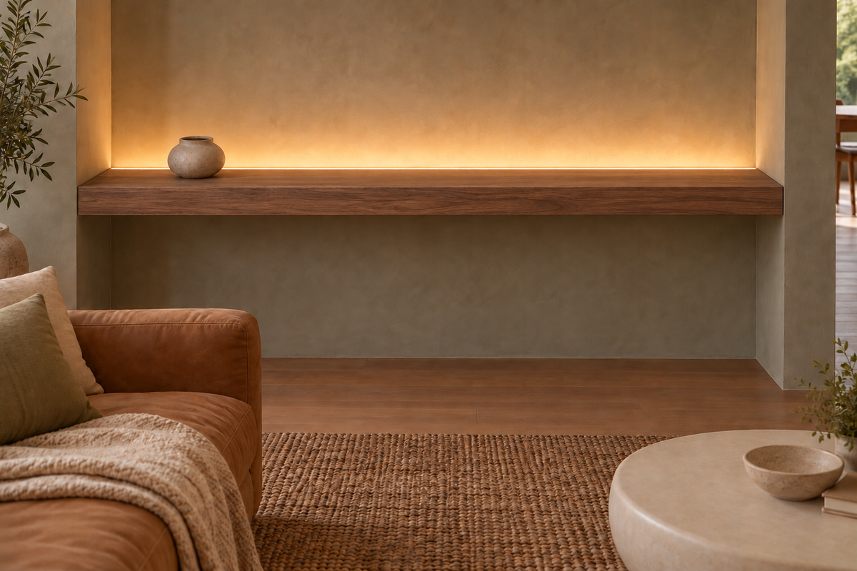 Gentry Stinson Walnut Floating Shelf | 78″ × 10″ × 3″ | Wall to Wall | Natural | LED Light Ready — Top Rear location; rendering with separately supplied LED tape