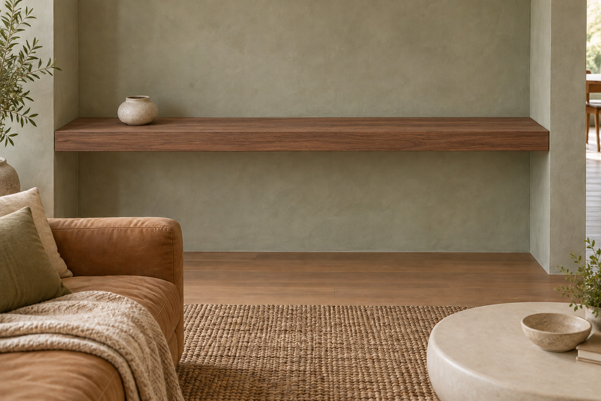 78 × 10 × 3 inch natural walnut floating shelf, wall-to-wall mount, unlit, living-room rendering