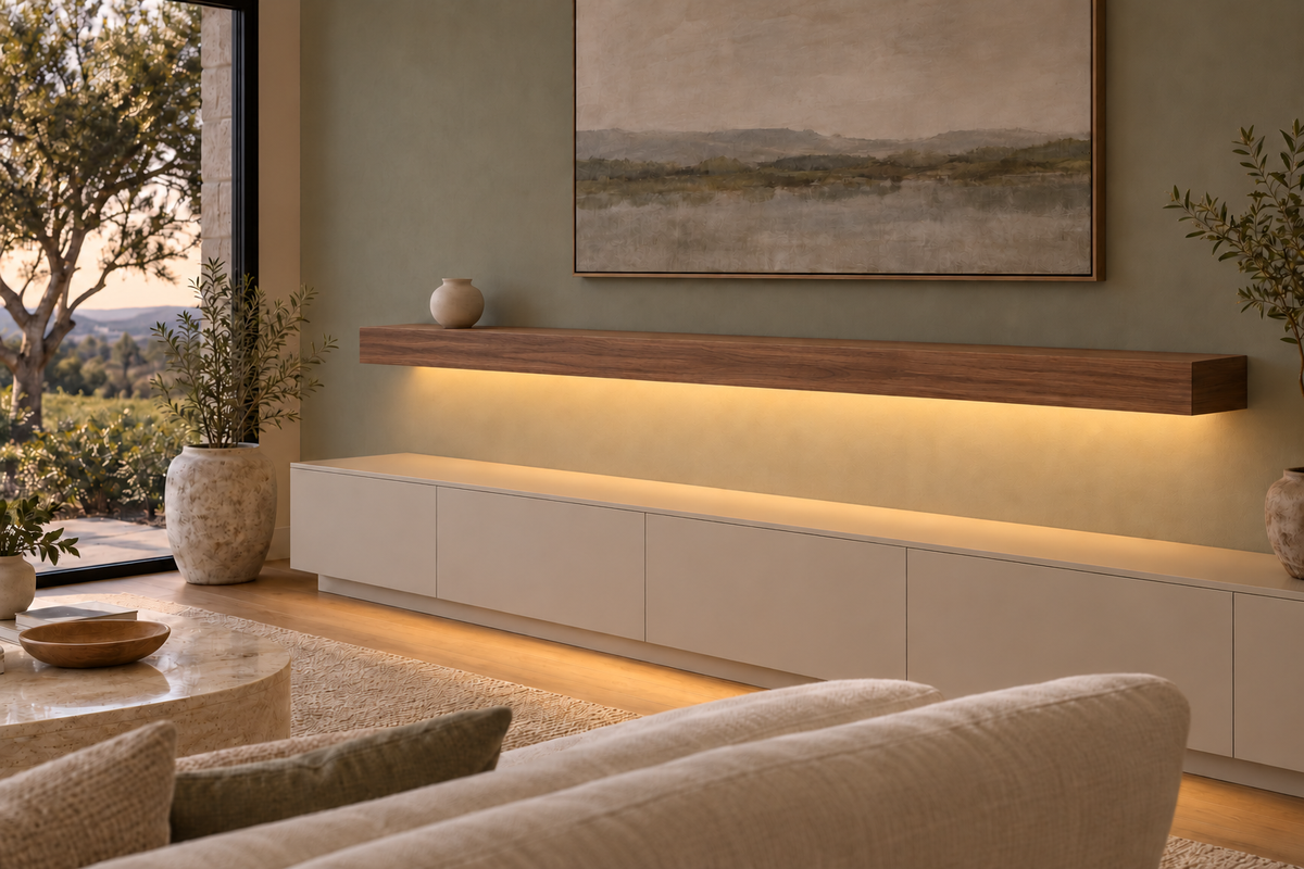 Gentry Stinson Walnut Floating Shelf | 78″ × 10″ × 4″ | Standard Mount | Natural | LED Light Ready — Bottom Front location; rendering with separately supplied LED tape