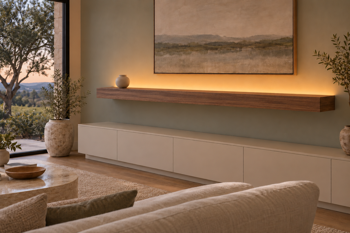 Gentry Stinson Walnut Floating Shelf | 78″ × 10″ × 4″ | Standard Mount | Natural | LED Light Ready — Top Rear location; rendering with separately supplied LED tape