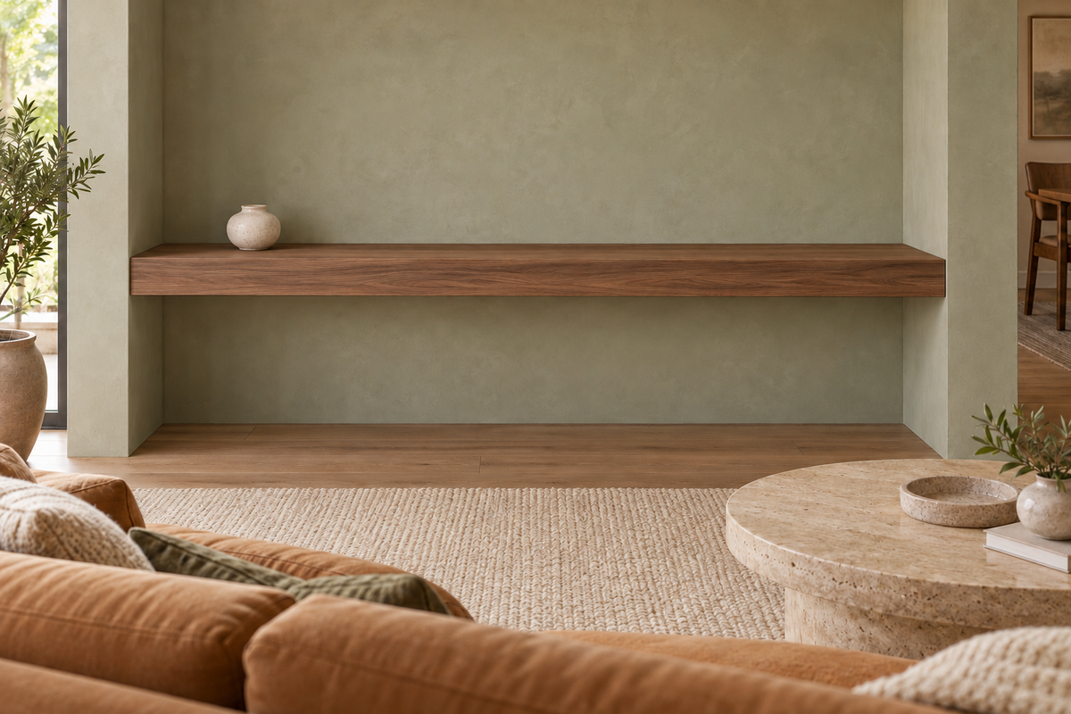78 × 10 × 4 inch natural walnut floating shelf, wall-to-wall mount, unlit, living-room rendering