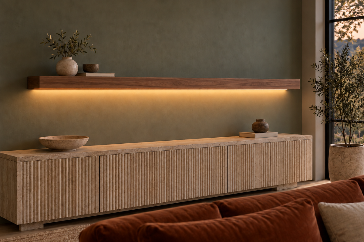 78 × 8 × 3 inch natural walnut floating shelf, standard mount, LED-ready Bottom Front location shown with separately supplied lighting, living-room rendering