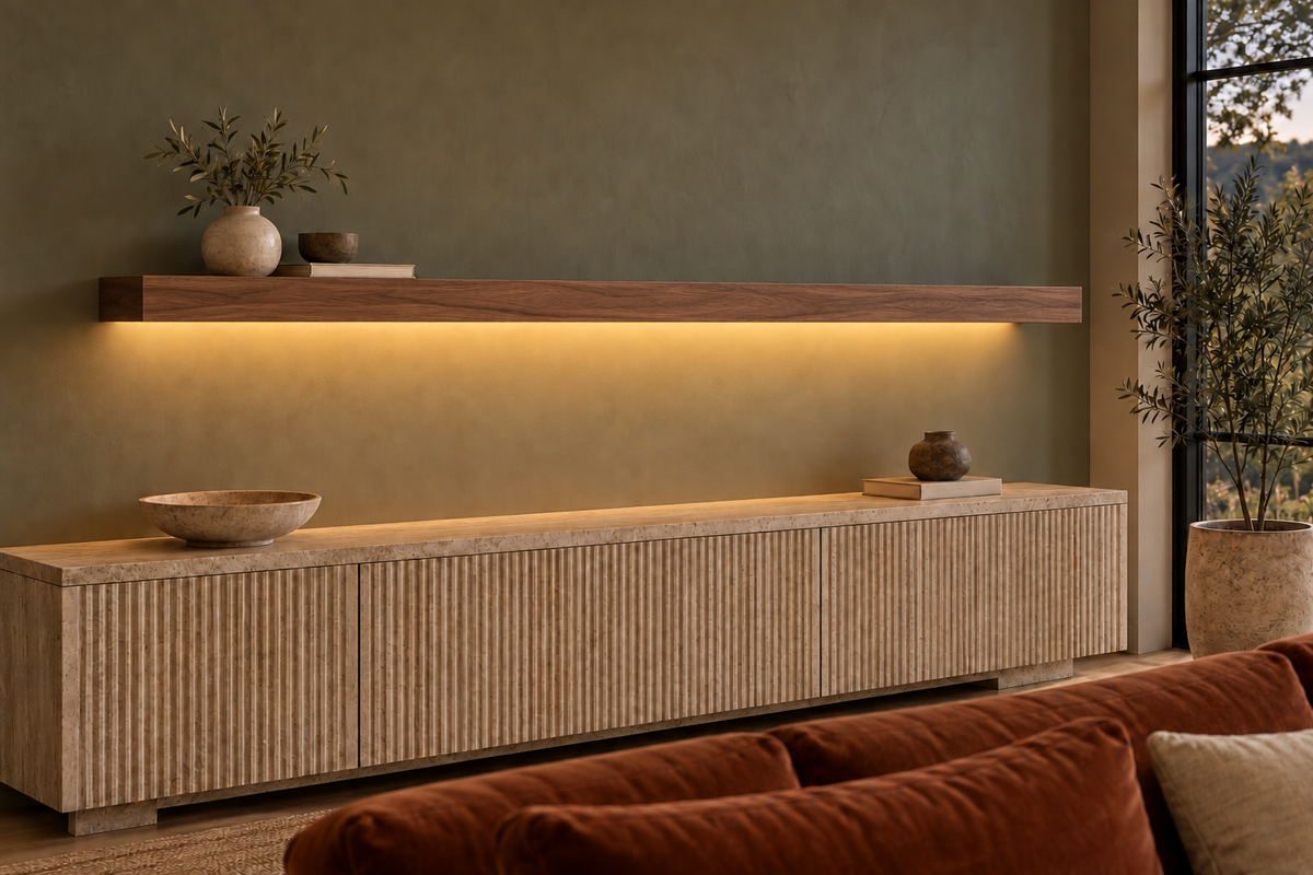 78 × 8 × 3 inch natural walnut floating shelf, standard mount, LED-ready Bottom Rear location shown with separately supplied lighting, living-room rendering