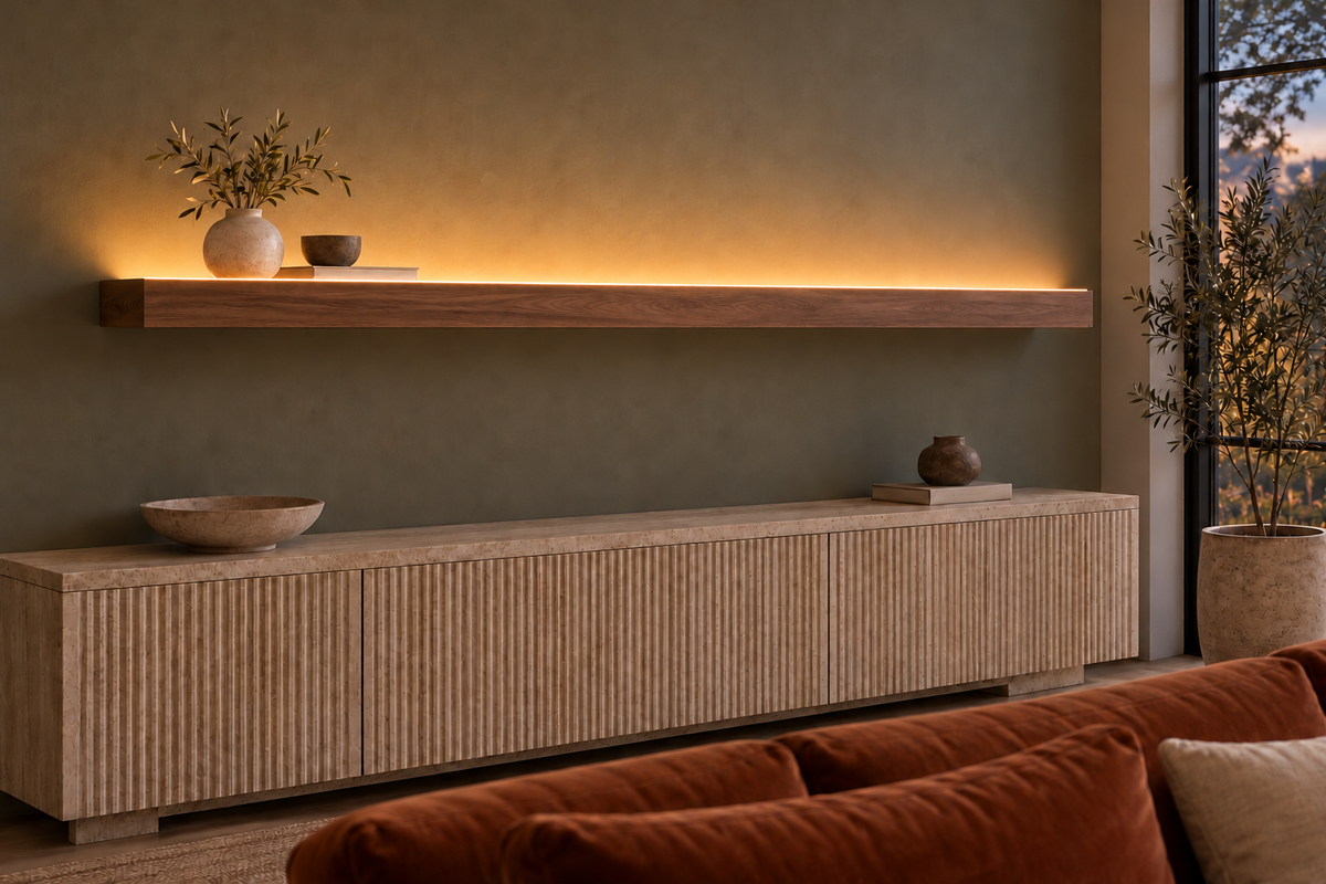 78 × 8 × 3 inch natural walnut floating shelf, standard mount, LED-ready Top Front location shown with separately supplied lighting, living-room rendering