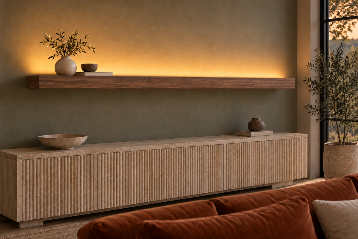 78 × 8 × 3 inch natural walnut floating shelf, standard mount, LED-ready Top Rear location shown with separately supplied lighting, living-room rendering