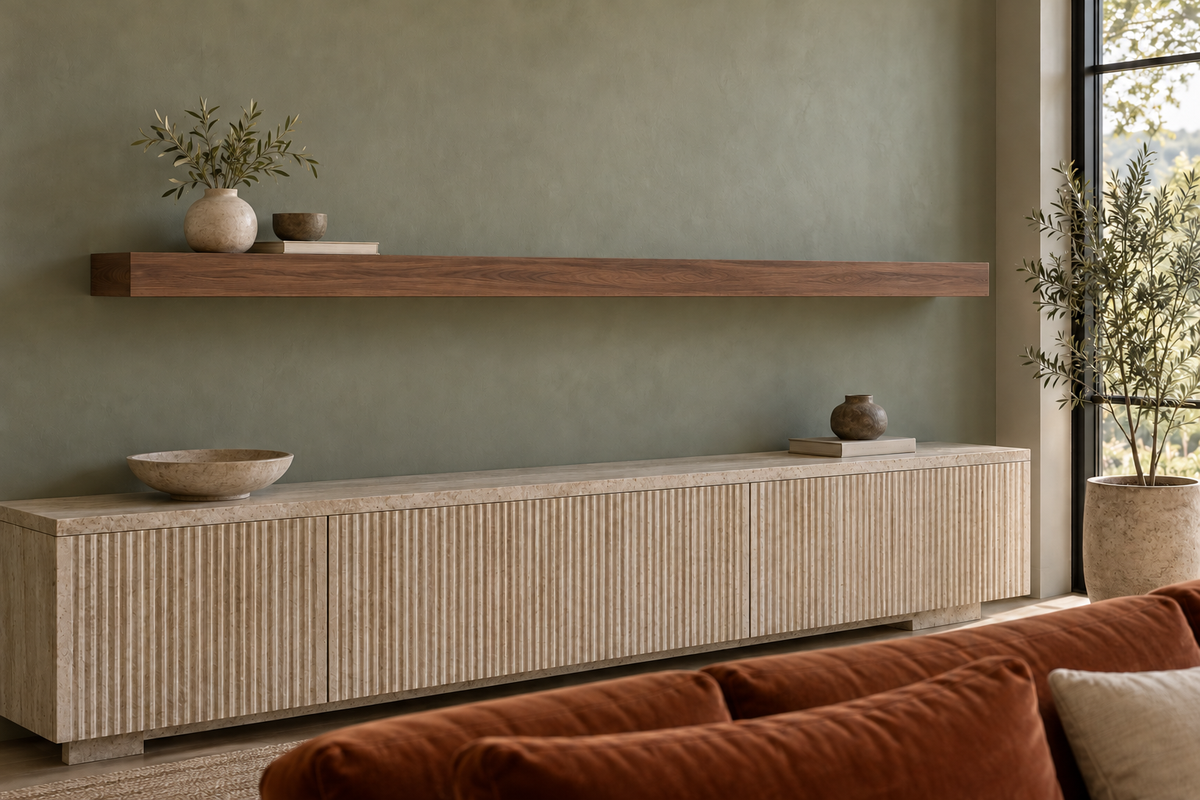 78 × 8 × 3 inch natural walnut floating shelf, standard mount, unlit, living-room rendering