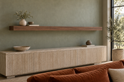 78 × 8 × 3 inch natural walnut floating shelf, standard mount, unlit, living-room rendering