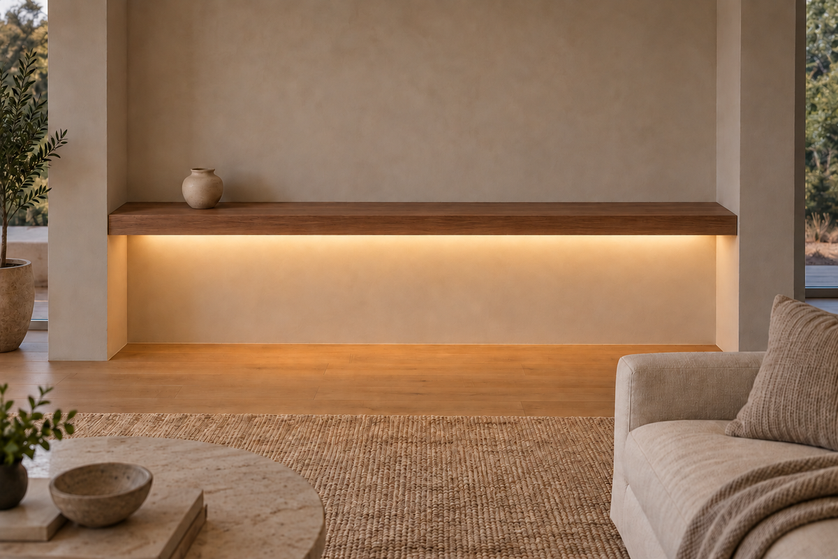 Gentry Stinson Walnut Floating Shelf | 78″ × 8″ × 3″ | Wall to Wall | Natural | LED Light Ready — Bottom Front location; rendering with separately supplied LED tape