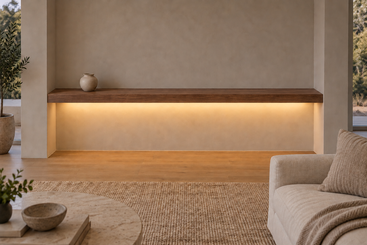 Gentry Stinson Walnut Floating Shelf | 78″ × 8″ × 3″ | Wall to Wall | Natural | LED Light Ready — Bottom Rear location; rendering with separately supplied LED tape
