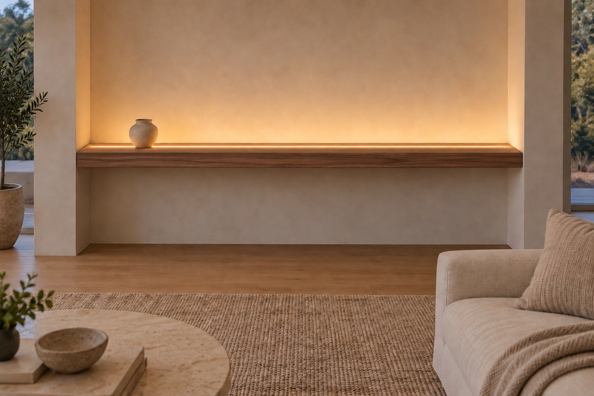 Gentry Stinson Walnut Floating Shelf | 78″ × 8″ × 3″ | Wall to Wall | Natural | LED Light Ready — Top Front location; rendering with separately supplied LED tape