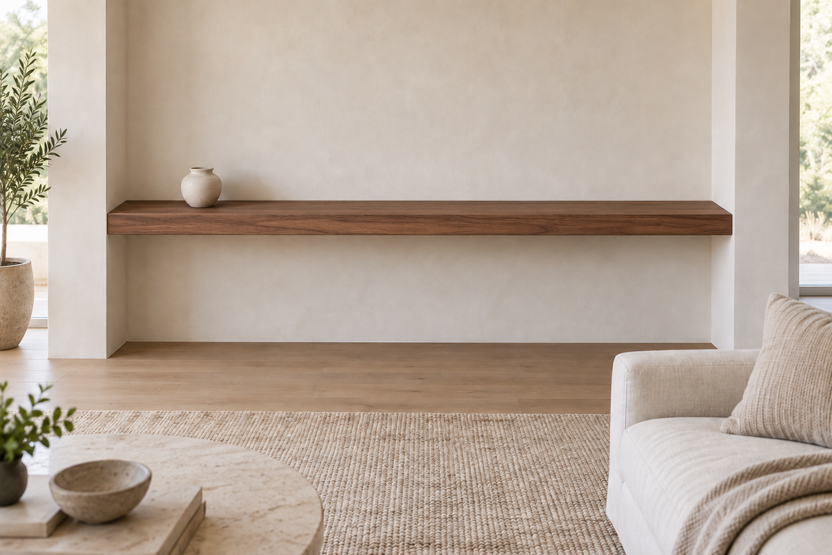 78 × 8 × 3 inch natural walnut floating shelf, wall-to-wall mount, unlit, living-room rendering