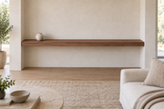 78 × 8 × 3 inch natural walnut floating shelf, wall-to-wall mount, unlit, living-room rendering