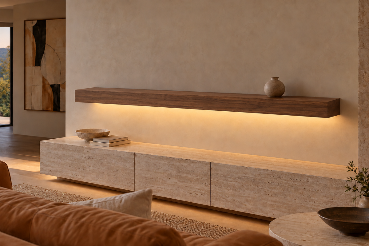 Gentry Stinson Walnut Floating Shelf | 78″ × 8″ × 4″ | Standard Mount | Natural | LED Light Ready — Bottom Front location; rendering with separately supplied LED tape