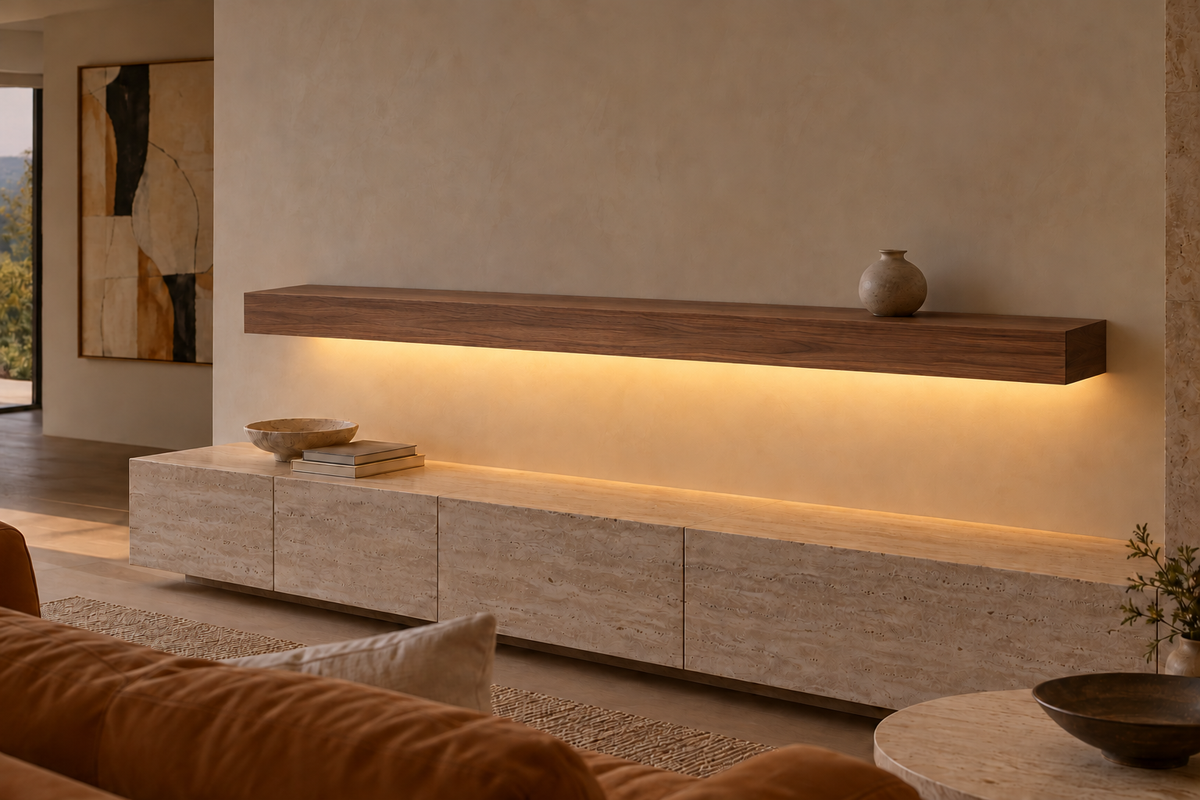 Gentry Stinson Walnut Floating Shelf | 78″ × 8″ × 4″ | Standard Mount | Natural | LED Light Ready — Bottom Rear location; rendering with separately supplied LED tape