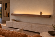 Gentry Stinson Walnut Floating Shelf | 78″ × 8″ × 4″ | Standard Mount | Natural | LED Light Ready — Top Front location; rendering with separately supplied LED tape