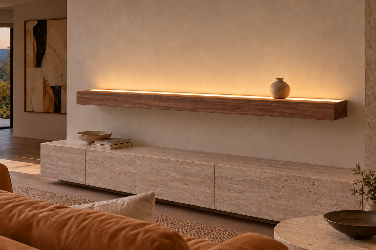 Gentry Stinson Walnut Floating Shelf | 78″ × 8″ × 4″ | Standard Mount | Natural | LED Light Ready — Top Front location; rendering with separately supplied LED tape