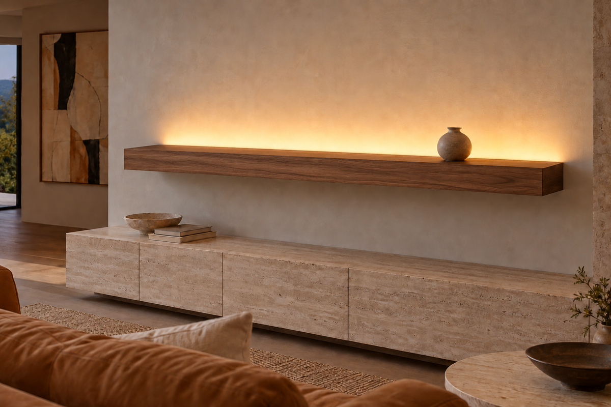 Gentry Stinson Walnut Floating Shelf | 78″ × 8″ × 4″ | Standard Mount | Natural | LED Light Ready — Top Rear location; rendering with separately supplied LED tape