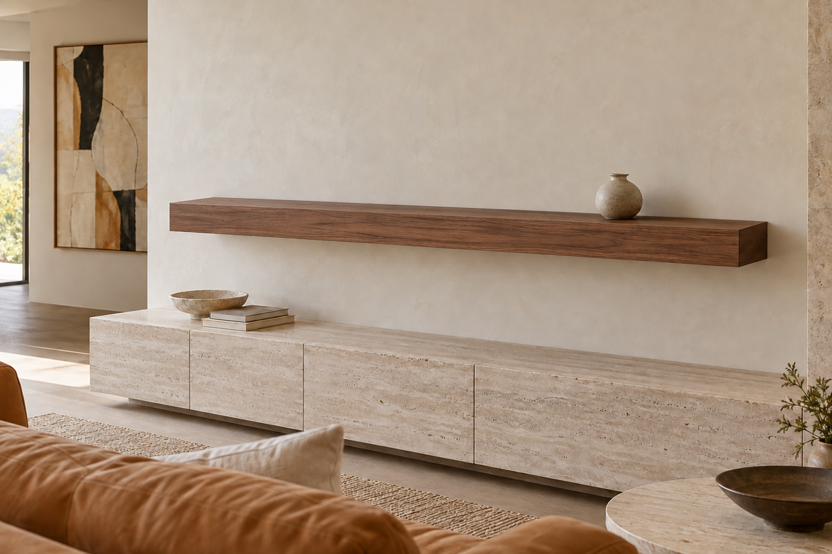 78 × 8 × 4 inch natural walnut floating shelf, standard mount, unlit, living-room rendering