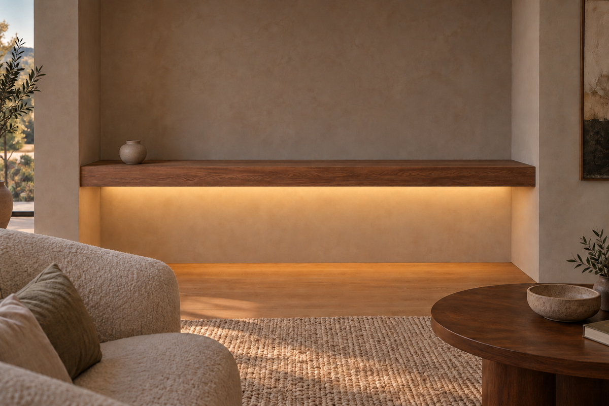 Gentry Stinson Walnut Floating Shelf | 78″ × 8″ × 4″ | Wall to Wall | Natural | LED Light Ready — Bottom Front location; rendering with separately supplied LED tape