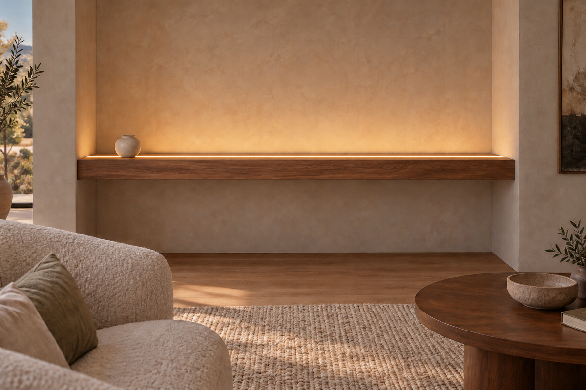 Gentry Stinson Walnut Floating Shelf | 78″ × 8″ × 4″ | Wall to Wall | Natural | LED Light Ready — Top Front location; rendering with separately supplied LED tape