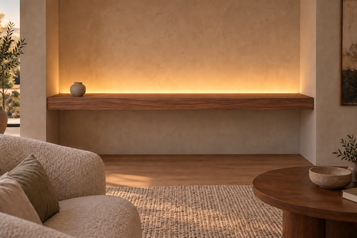 Gentry Stinson Walnut Floating Shelf | 78″ × 8″ × 4″ | Wall to Wall | Natural | LED Light Ready — Top Rear location; rendering with separately supplied LED tape