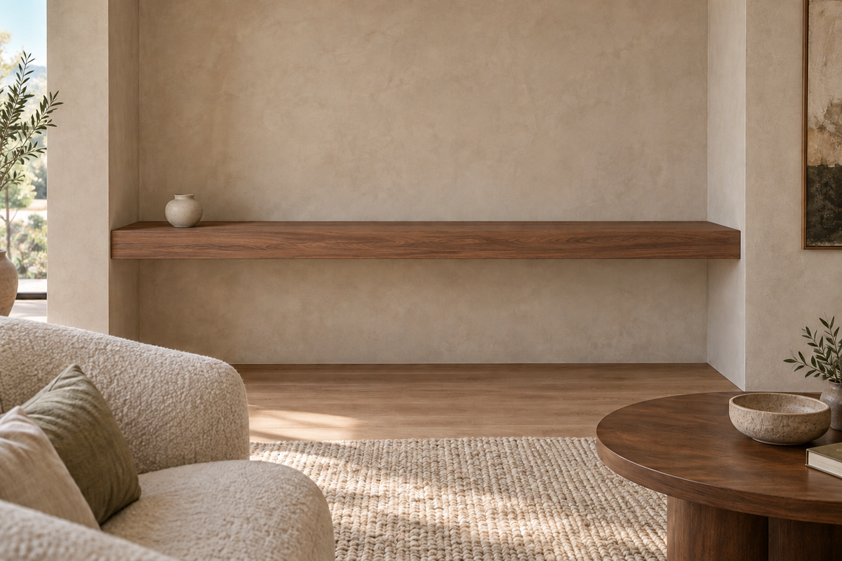 78 × 8 × 4 inch natural walnut floating shelf, wall-to-wall mount, unlit, living-room rendering