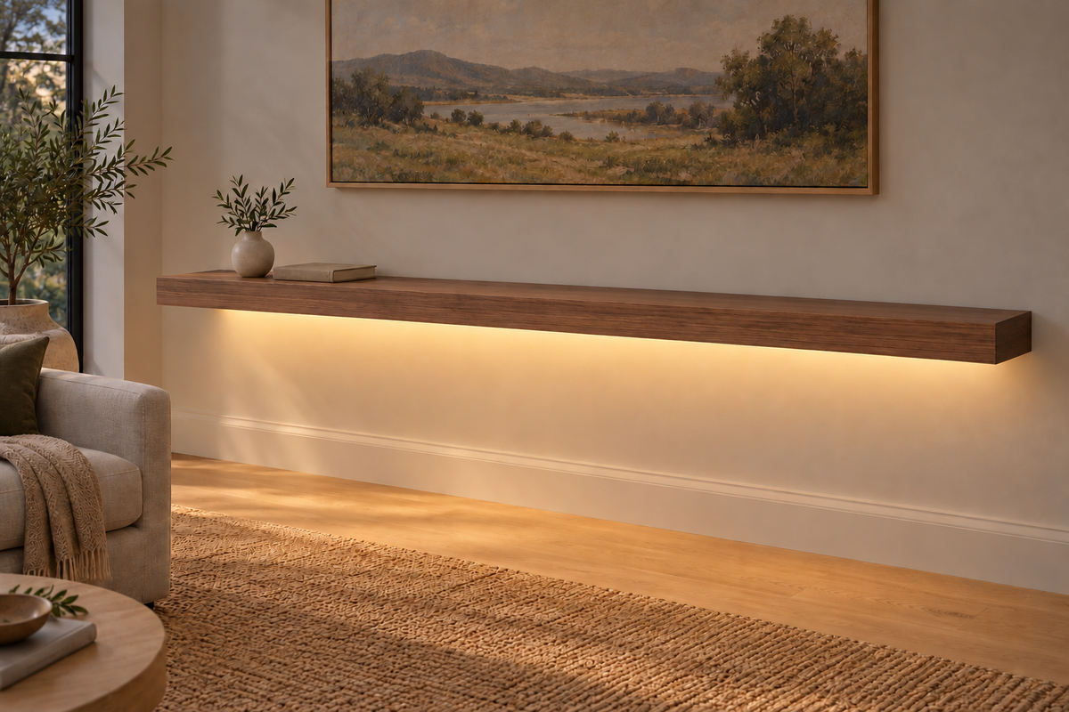 84 × 10 × 3 inch natural walnut floating shelf, standard mount, LED-ready Bottom Front location shown with separately supplied lighting, living-room rendering