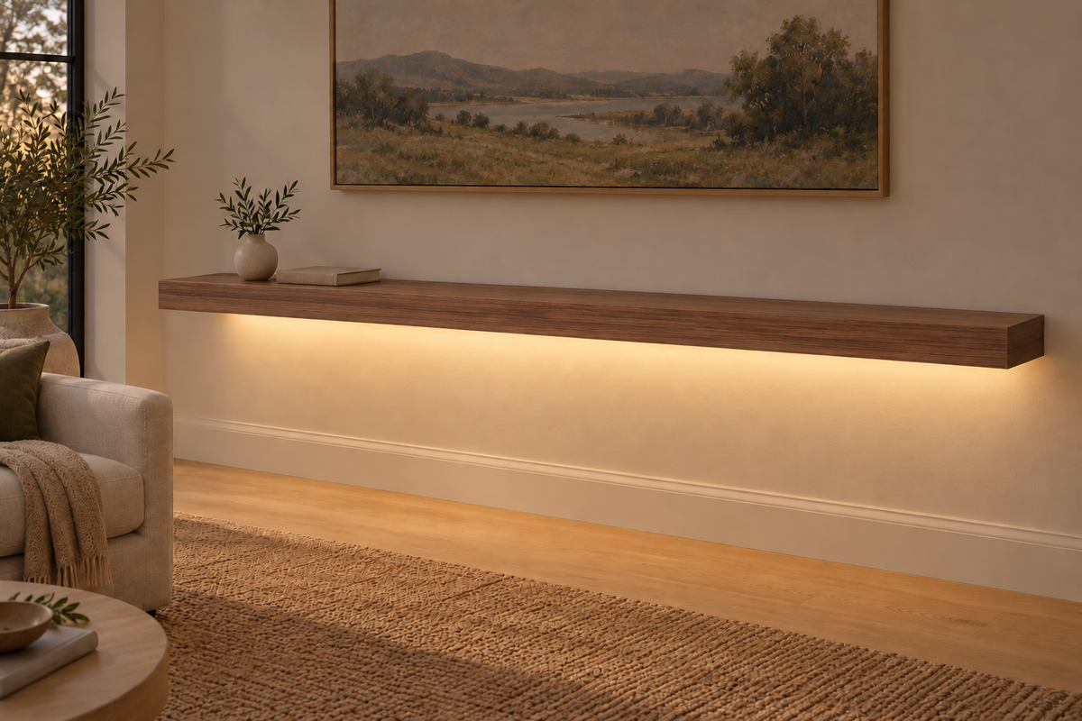 84 × 10 × 3 inch natural walnut floating shelf, standard mount, LED-ready Bottom Rear location shown with separately supplied lighting, living-room rendering
