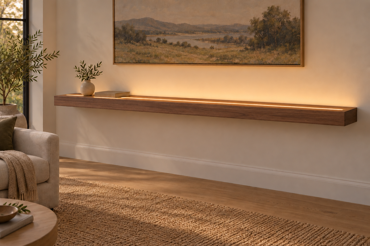 84 × 10 × 3 inch natural walnut floating shelf, standard mount, LED-ready Top Front location shown with separately supplied lighting, living-room rendering