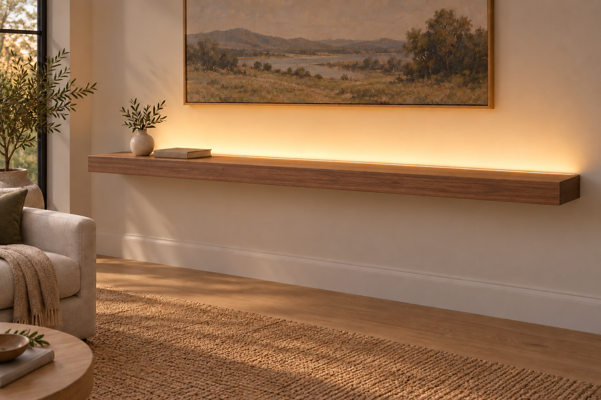 84 × 10 × 3 inch natural walnut floating shelf, standard mount, LED-ready Top Rear location shown with separately supplied lighting, living-room rendering