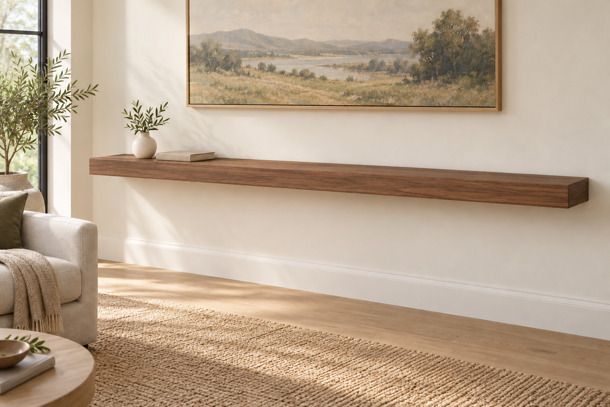 84 × 10 × 3 inch natural walnut floating shelf, standard mount, unlit, living-room rendering