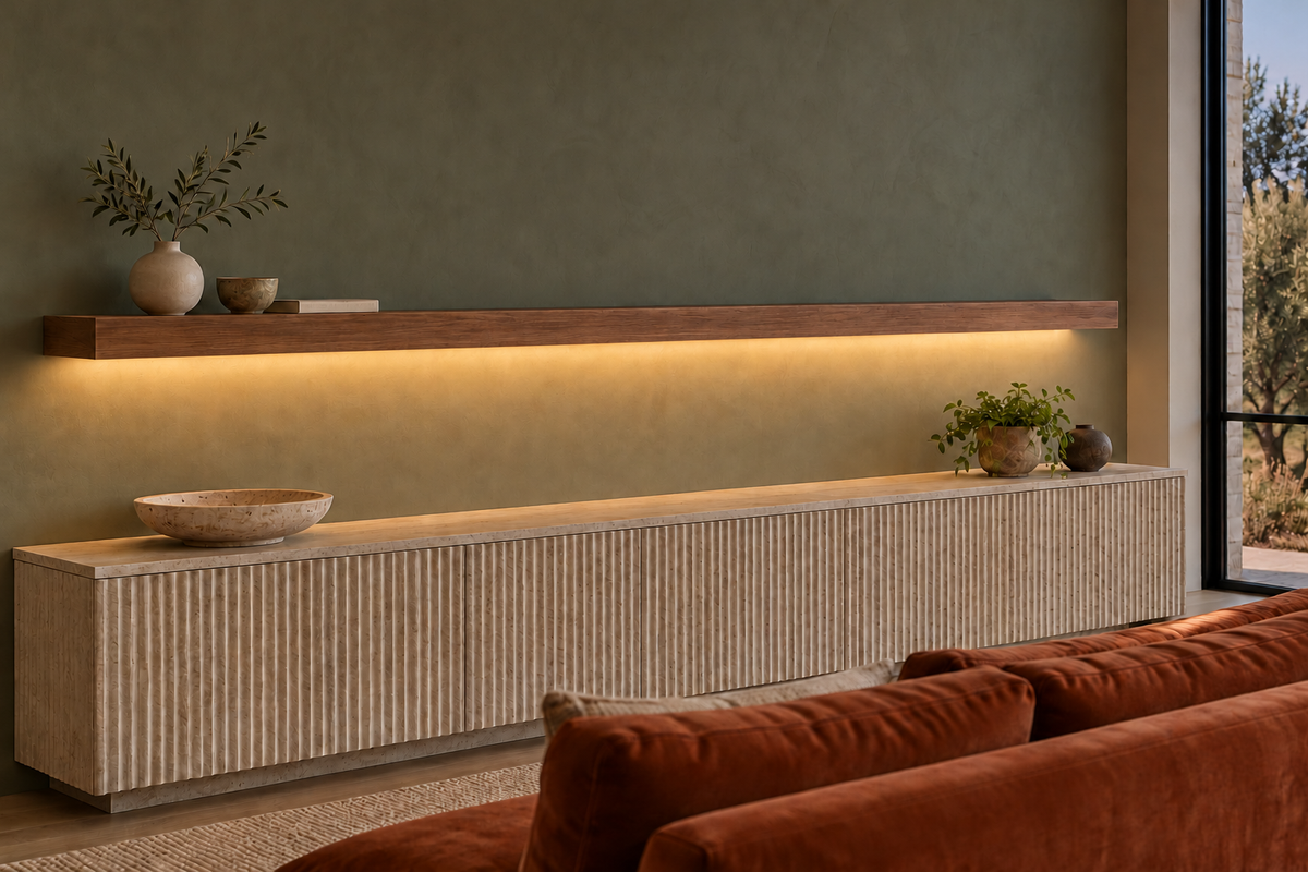 84 × 8 × 3 inch natural walnut floating shelf, standard mount, LED-ready Bottom Front location shown with separately supplied lighting, living-room rendering