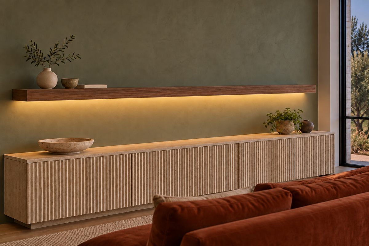 84 × 8 × 3 inch natural walnut floating shelf, standard mount, LED-ready Bottom Rear location shown with separately supplied lighting, living-room rendering
