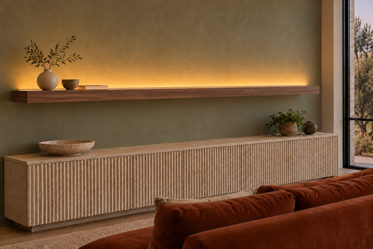 84 × 8 × 3 inch natural walnut floating shelf, standard mount, LED-ready Top Front location shown with separately supplied lighting, living-room rendering