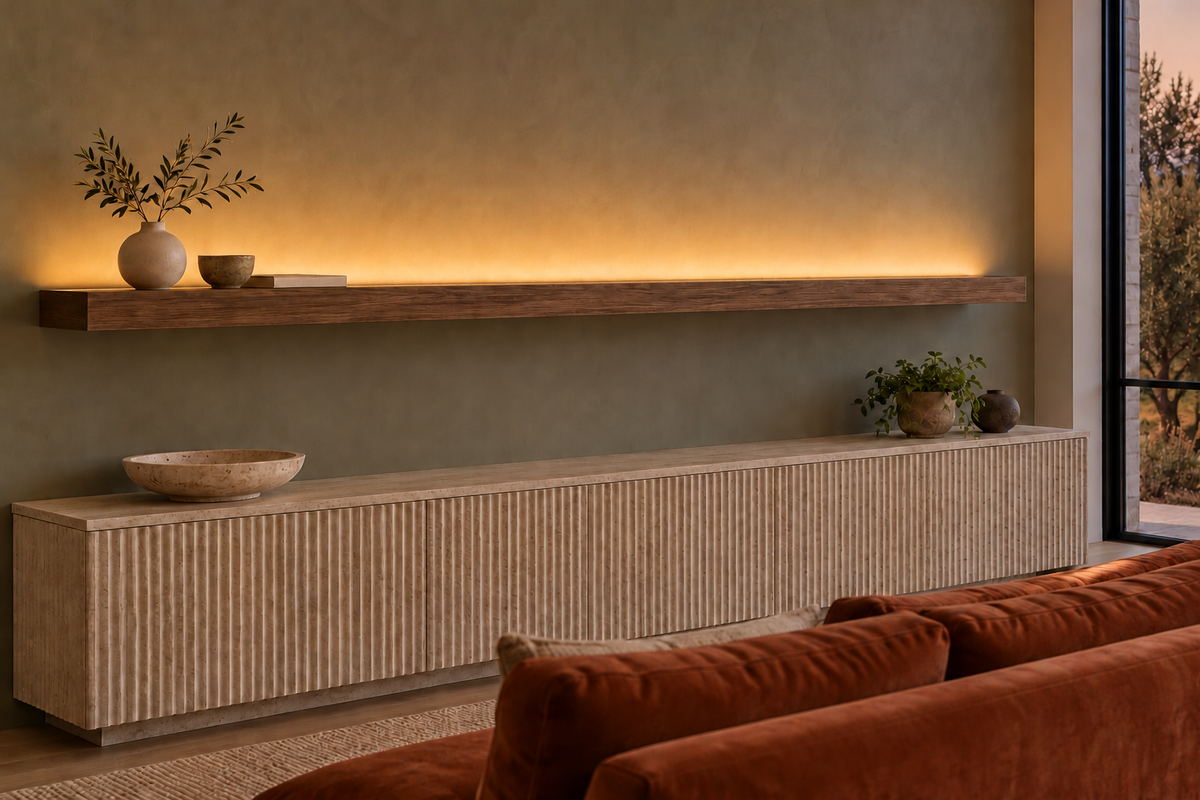 84 × 8 × 3 inch natural walnut floating shelf, standard mount, LED-ready Top Rear location shown with separately supplied lighting, living-room rendering
