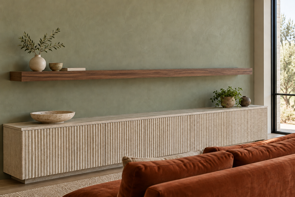 84 × 8 × 3 inch natural walnut floating shelf, standard mount, unlit, living-room rendering