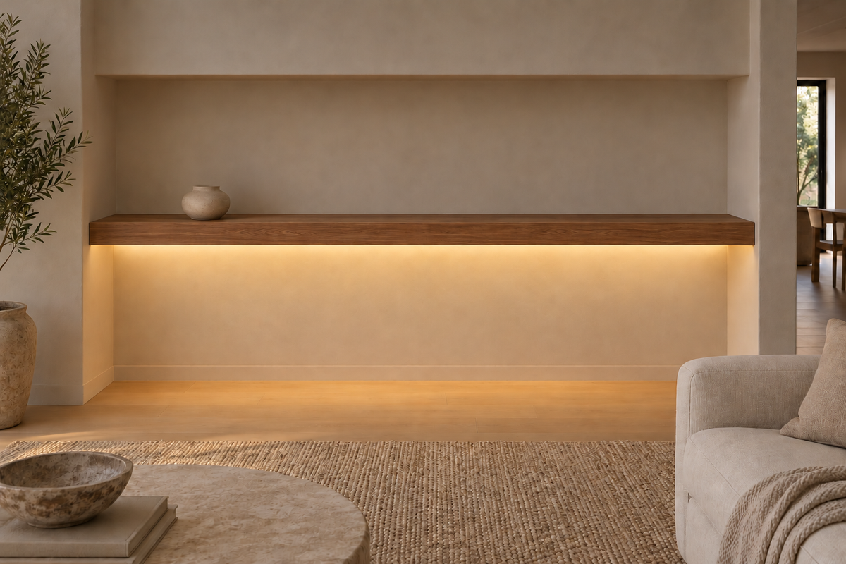 Gentry Stinson Walnut Floating Shelf | 84″ × 8″ × 3″ | Wall to Wall | Natural | LED Light Ready — Bottom Front location; rendering with separately supplied LED tape