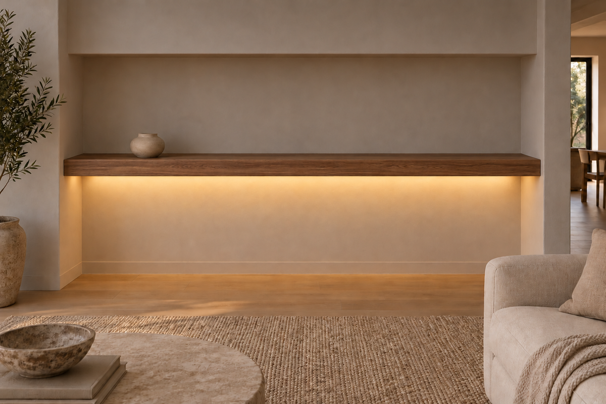 Gentry Stinson Walnut Floating Shelf | 84″ × 8″ × 3″ | Wall to Wall | Natural | LED Light Ready — Bottom Rear location; rendering with separately supplied LED tape