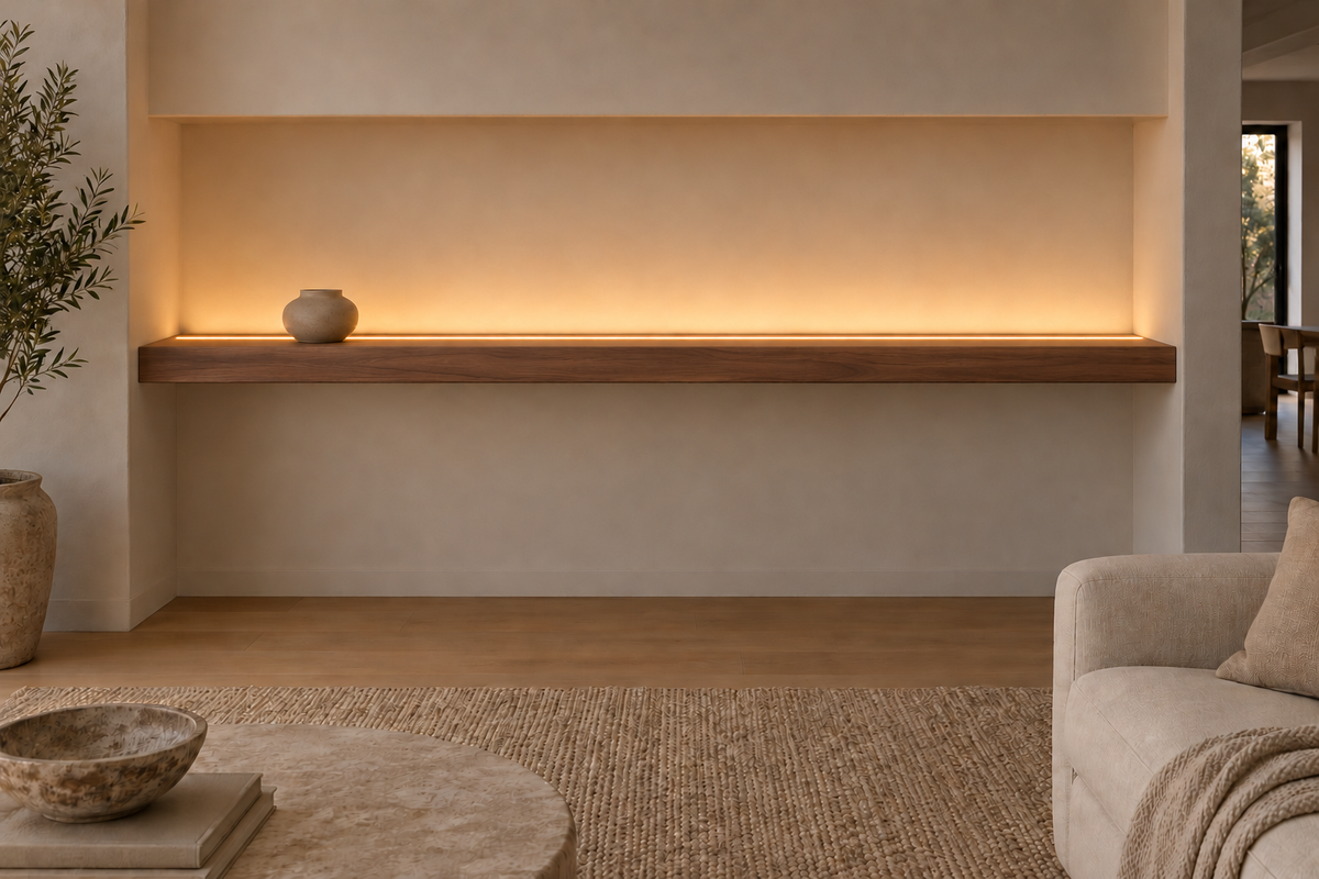 Gentry Stinson Walnut Floating Shelf | 84″ × 8″ × 3″ | Wall to Wall | Natural | LED Light Ready — Top Front location; rendering with separately supplied LED tape