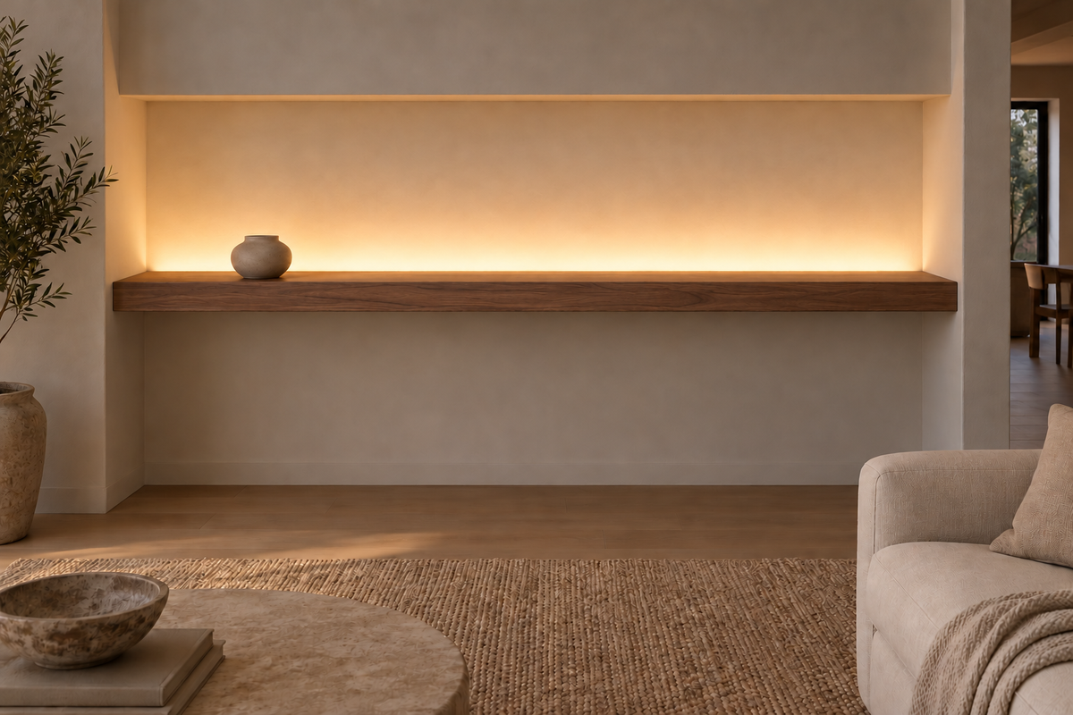 Gentry Stinson Walnut Floating Shelf | 84″ × 8″ × 3″ | Wall to Wall | Natural | LED Light Ready — Top Rear location; rendering with separately supplied LED tape