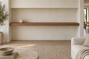 84 × 8 × 3 inch natural walnut floating shelf, wall-to-wall mount, unlit, living-room rendering