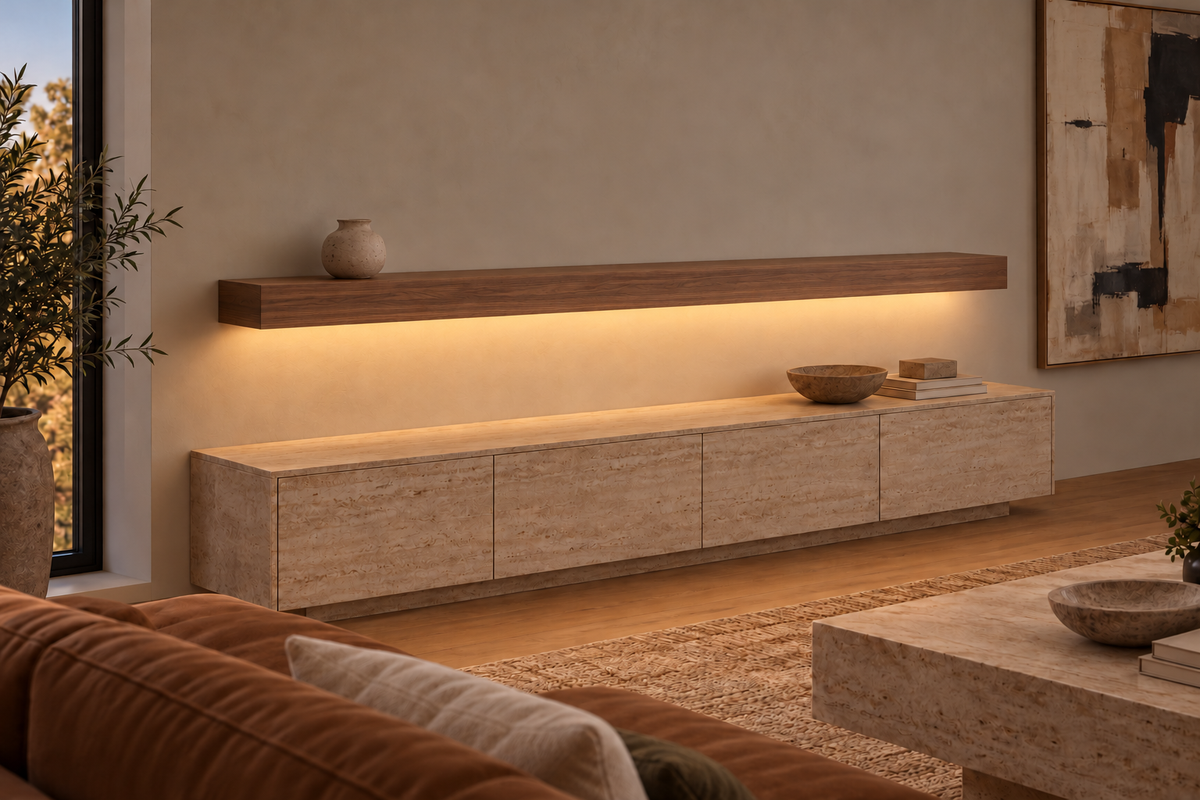Gentry Stinson Walnut Floating Shelf | 84″ × 8″ × 4″ | Standard Mount | Natural | LED Light Ready — Bottom Front location; rendering with separately supplied LED tape
