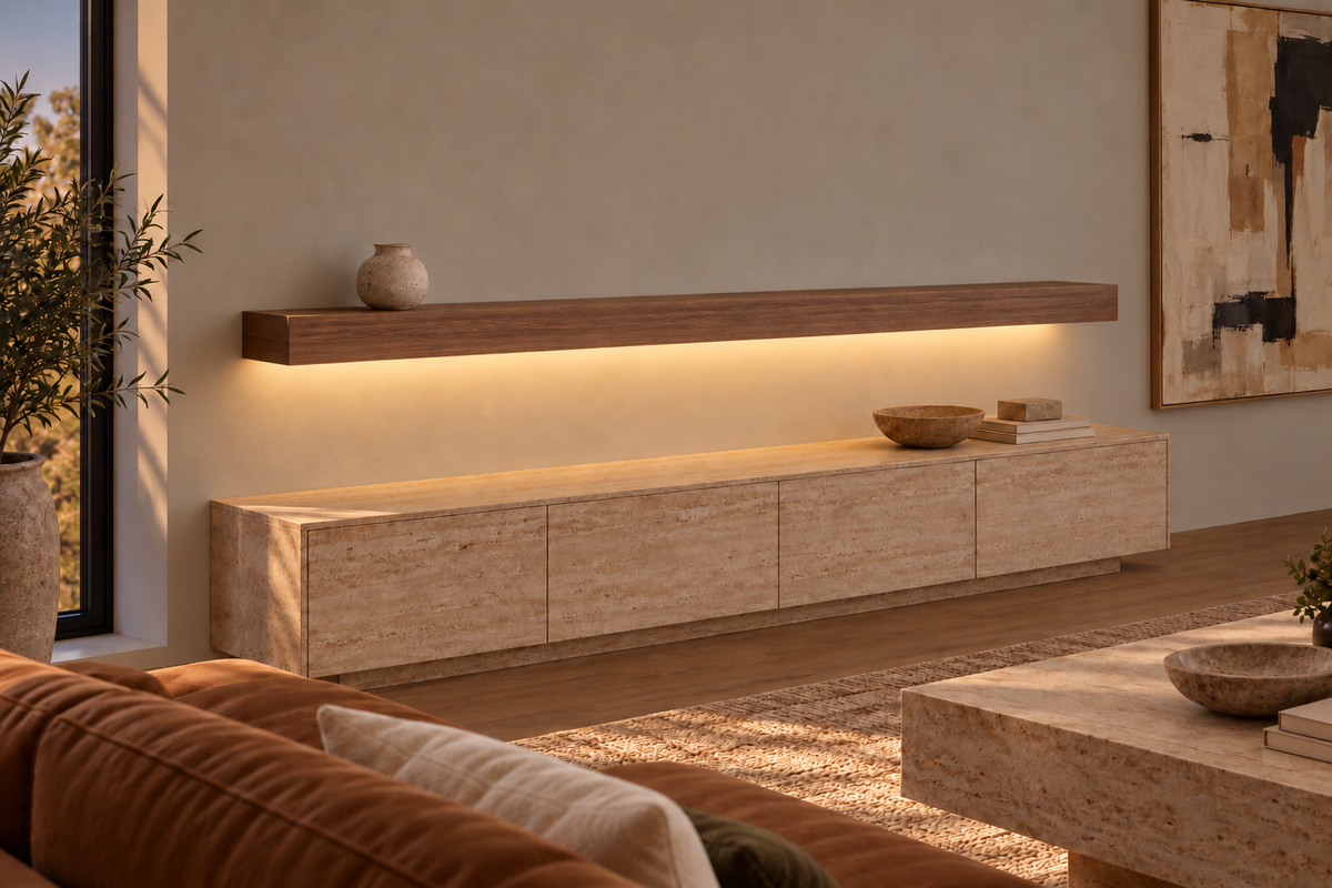 Gentry Stinson Walnut Floating Shelf | 84″ × 8″ × 4″ | Standard Mount | Natural | LED Light Ready — Bottom Rear location; rendering with separately supplied LED tape